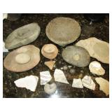 Native American grinding bowls, tools, Civil War grape shots, Native American pottery shards