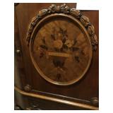Antique Storage Cabinet with Inlaid Wood Front Panel and Carved Relief   