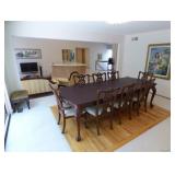 Stunning Solid Wood Ornate Dining Room Table with Six Side Chairs and Two Arm/Captain Chairs.