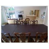 Stunning Solid Wood Ornate Dining Room Table with Six Side Chairs and Two Arm/Captain Chairs.