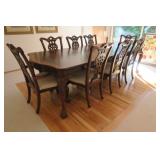 Stunning Solid Wood Ornate Dining Room Table with Six Side Chairs and Two Arm/Captain Chairs.
