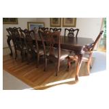 Stunning Solid Wood Ornate Dining Room Table with Six Side Chairs and Two Arm/Captain Chairs.