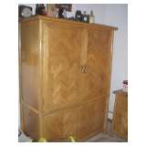 Oak highboy, matching end tables, headboard, dresser and mirror.