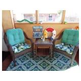 Pair of Vinyl Wicker Chairs/Glass Top Side Table