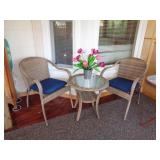 Pair of Vinyl Wicker Chairs/Glass Top Side Table