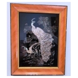 Vtg Korean Reverse Glass Painting featuring Mother-of-Pearl Peacock
