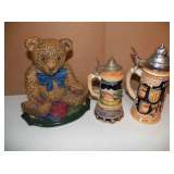 Cast Iron Door Stop & German Steins