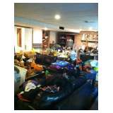 Black sofa, chairs, stone topped end tables & coffee table