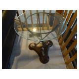 Round Glass End Table, Golf Theme. Measures: 22" Round by 26 1/2" Tall