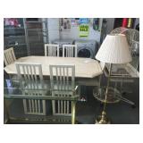 Marble table, brass with glass top table, floor lamp, bird cage