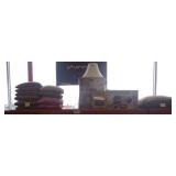 Assorted pillows, bar stool still in box, cookware