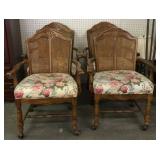 4ct Wicker/Wooden Arm Chairs on Wheels w/Floral Cushions