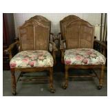 4ct Wicker/Wooden Arm Chairs on Wheels w/Floral Cushions