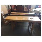 Wooden desk, various metal bed frames