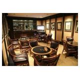 bamboo and leather chairs with tables, TV, entire bar