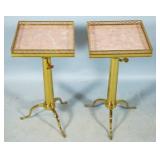 pair of adjustable height brass side tables with rose marble tops