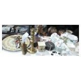 carved wood sculpture, oil on canvas paintings, candle sticks, china dish sets