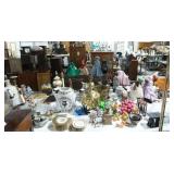 pedestals, sconces, garden elements, bench, silver plate dishes, clocks, copper