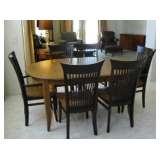 Dining Room Table 2-Tone Chocolate & Maple w/6 Chairs. 66"L x 44"W. 18" Leaf extends to 84"L