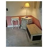 Cabinet, Lamp, Small Table, and Chest