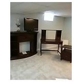 Fireplace Mantel, TV, Lamp, Desk, and Filing Cabinet