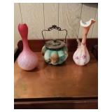 Two Satin Glass Vases and a Pumpkin