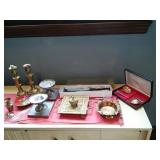 Brass ink well stand, candlesticks