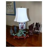 Asian Lamp, Hand Carved Figurines, and More
