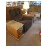 Chocolate Recliner, Three End Tables, and a Clear Glass Lamp