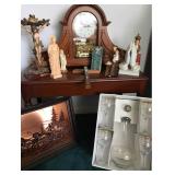 Church Figurines, Mantle Clock, Decanter Set