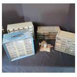 Four Metal Parts Bins, Vice, and Electric Tool Box