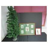 Two Framed Christmas Cross-Stitch Pieces and Tree