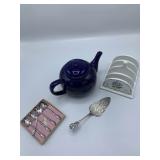 Cobalt Blue Teapot, Spoons, Napkin Holder