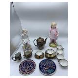 Silvered Tea Set and 2 Figurines