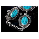 Navajo Ahasteen Turquoise Sterling Silver Slave Bracelet & Ring Set