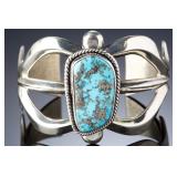 Navajo Heavy Sandcast Sterling Silver Turquoise Cuff Bracelet SIGNED AA 86g