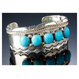 Navajo Tom Lewis Sterling Silver Turquoise Scalloped Cuff Bracelet, 60.95g