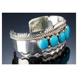 Navajo Tom Lewis Sterling Silver Turquoise Scalloped Cuff Bracelet, 60.95g