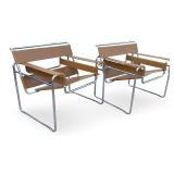 Pair of Wassily Style Chairs, Italian Made Replica, Tan Leather & Chrome