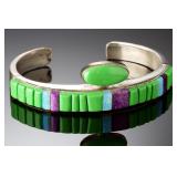 Signed Native American Sterling Silver Gaspeite Sugilite Opal Inlay Cuff Bracelet