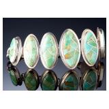 Signed KC Sterling Silver Turquoise Inlay Graduated Hinged Bracelet 64.6g