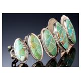 Signed KC Sterling Silver Turquoise Inlay Graduated Hinged Bracelet 64.6g