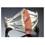 Native American Sterling Silver Spiny Oyster Inlaid Wide Cuff Bracelet