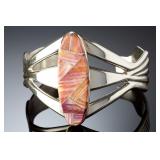 Native American Sterling Silver Spiny Oyster Inlaid Wide Cuff Bracelet
