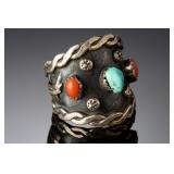 Navajo Turquoise Coral Silver Ring Sz 9 Vintage Native American Jewelry