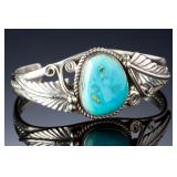 Navajo John Silversmith Turquoise Sterling Silver Cuff Bracelet Native American