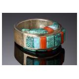 Native American Sterling Silver 3-Sided Inlay Ring Turquoise Coral Opal SZ 10.25