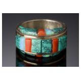 Native American Sterling Silver 3-Sided Inlay Ring Turquoise Coral Opal SZ 10.25