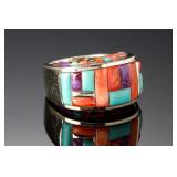 Native American Sterling Silver Multistone 3-Sided Inlay Ring Sz 7.75