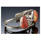 Native American Sterling Silver Spiny Oyster Cuff Bracelet Signed T
